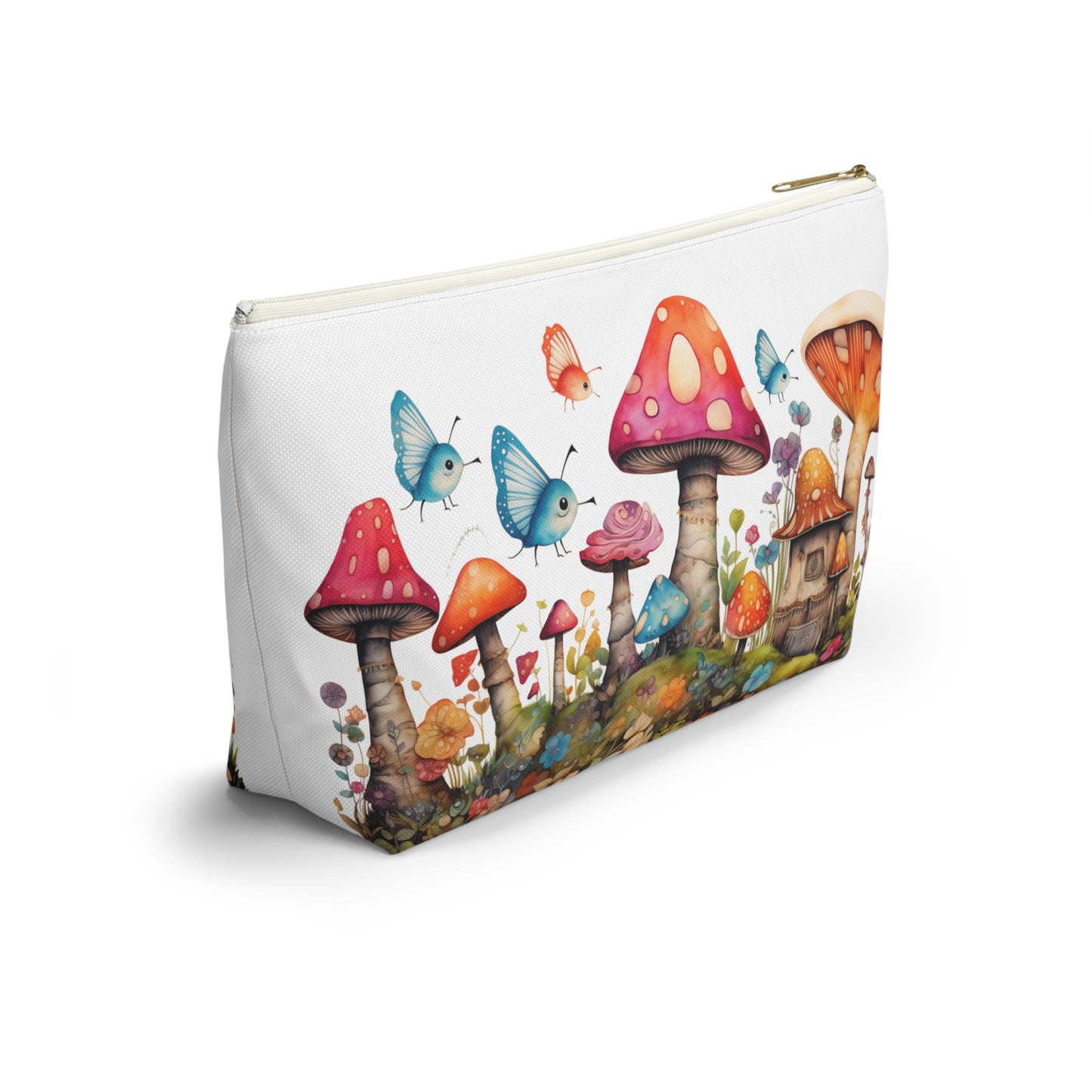 Enchanting Mushroom Cottage Adorned with Butterflies and Toadstools - Makeup & Accessory Bag 2 Sizes