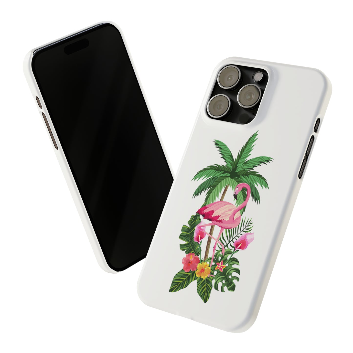 Tropical Pink Flamingo and Flowers White Background Iphone 15-12 Slim Phone Case