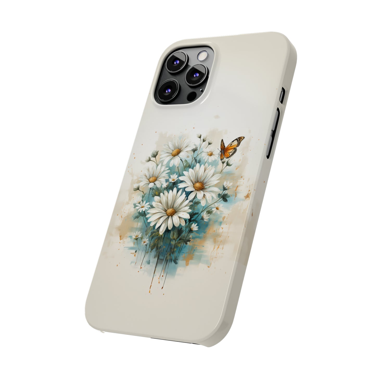 Rustic Farmhouse Teal and White Wild Daisies and Butterflies Iphone 15-12 Slim Phone Case