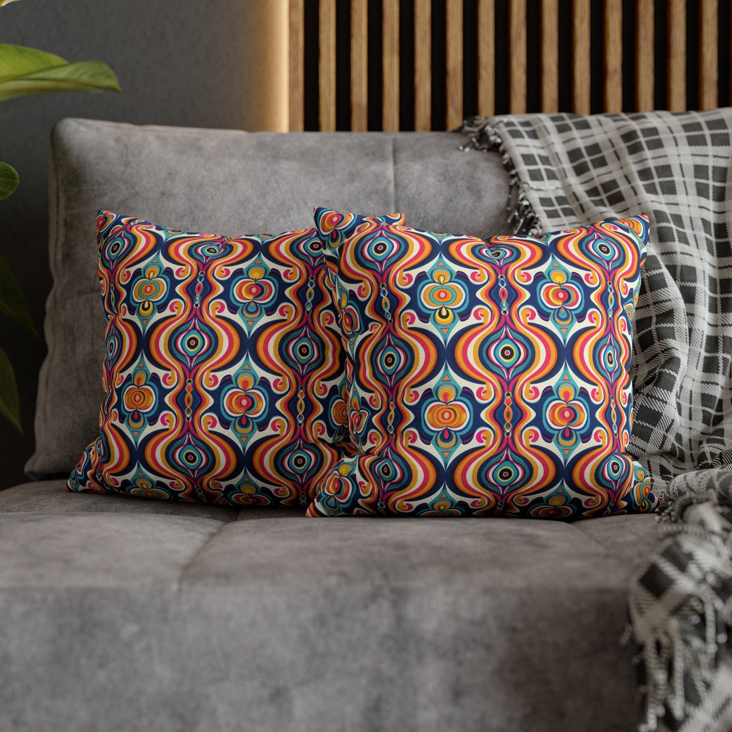 Vibrant Retro Waves with Colorful Geometric Pattern Spun Polyester Square Pillowcase 3 Sizes