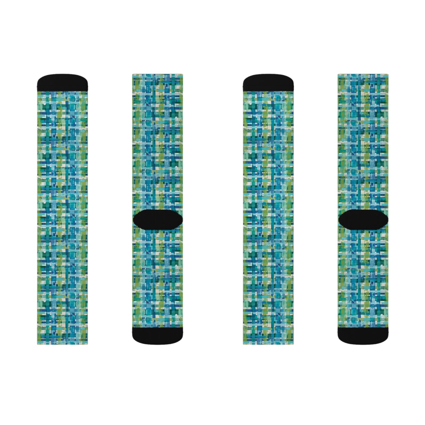 Enchanted Lagoon: Vibrant Green and Blue Abstract Plaid Ribbed Crew Socks