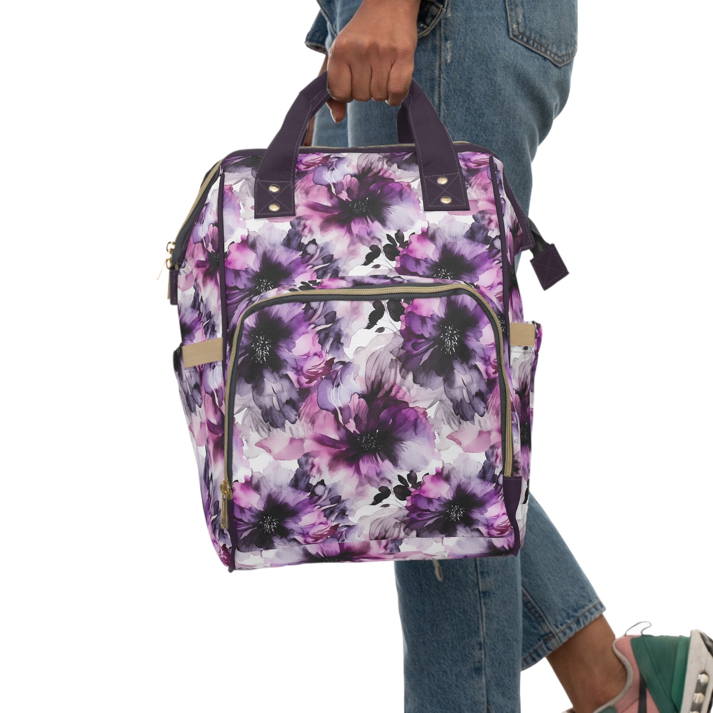 Regal Splendor: Large Purple and Grey Watercolor Flower Design Multifunctional Diaper Backpack