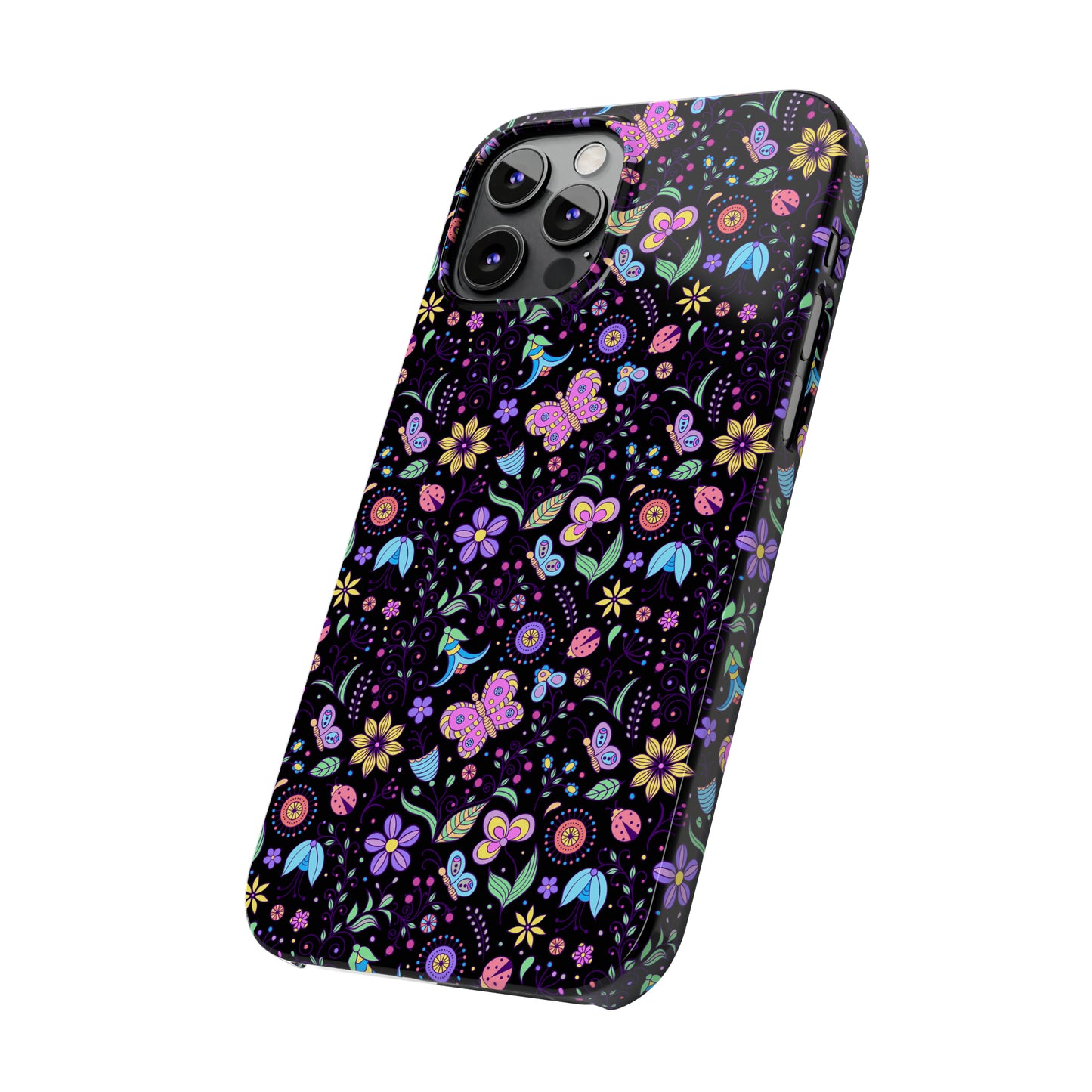 Butterflies and Flowers Black Background Iphone 15-12 Slim Phone Case