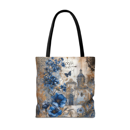 Victorian Castle Surrounded by Faded Blue Floral Gardens, with Butterflies Gracefully Dancing Amidst Canvas Tote Bag - 3 Sizes