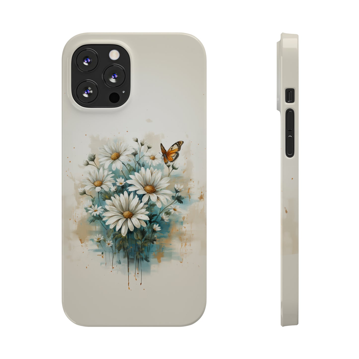 Rustic Farmhouse Teal and White Wild Daisies and Butterflies Iphone 15-12 Slim Phone Case