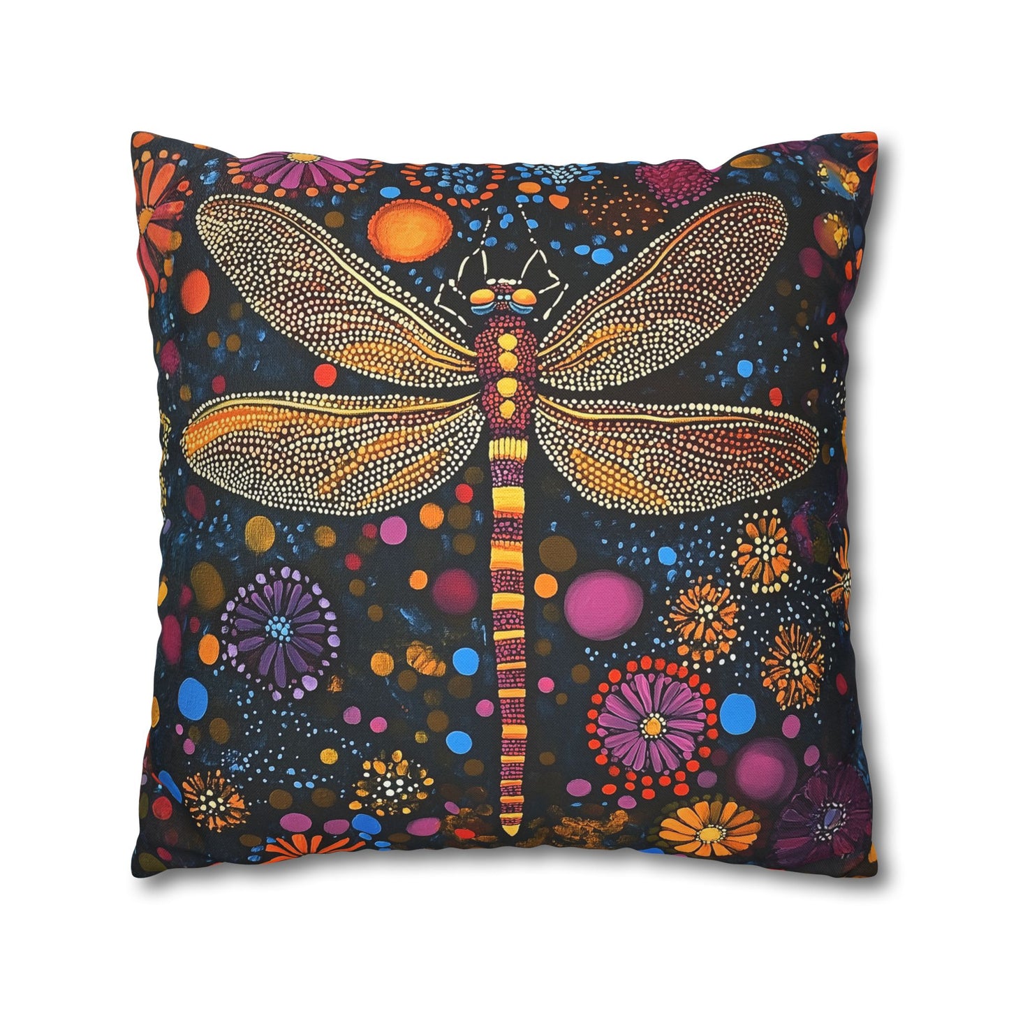 Vibrant Dragonfly Amidst a Kaleidoscope of Dot-Painted Blooms Spun Polyester Square Pillowcase 4 Sizes