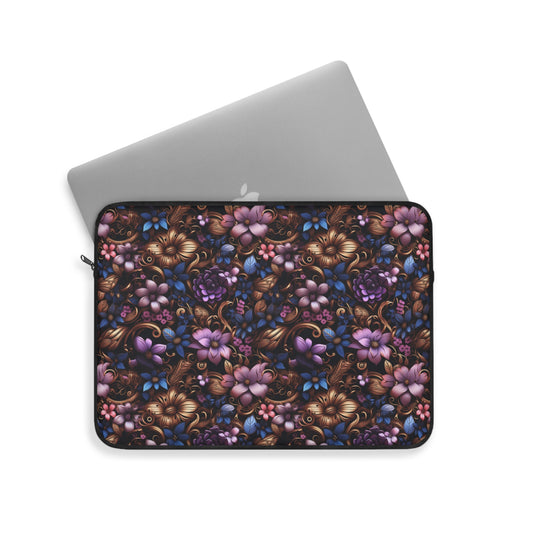 Steampunk Purple and Blue Flowers with Filigree and Gears and Mechanical Elements - Laptop or Ipad Protective Sleeve 3 Sizes