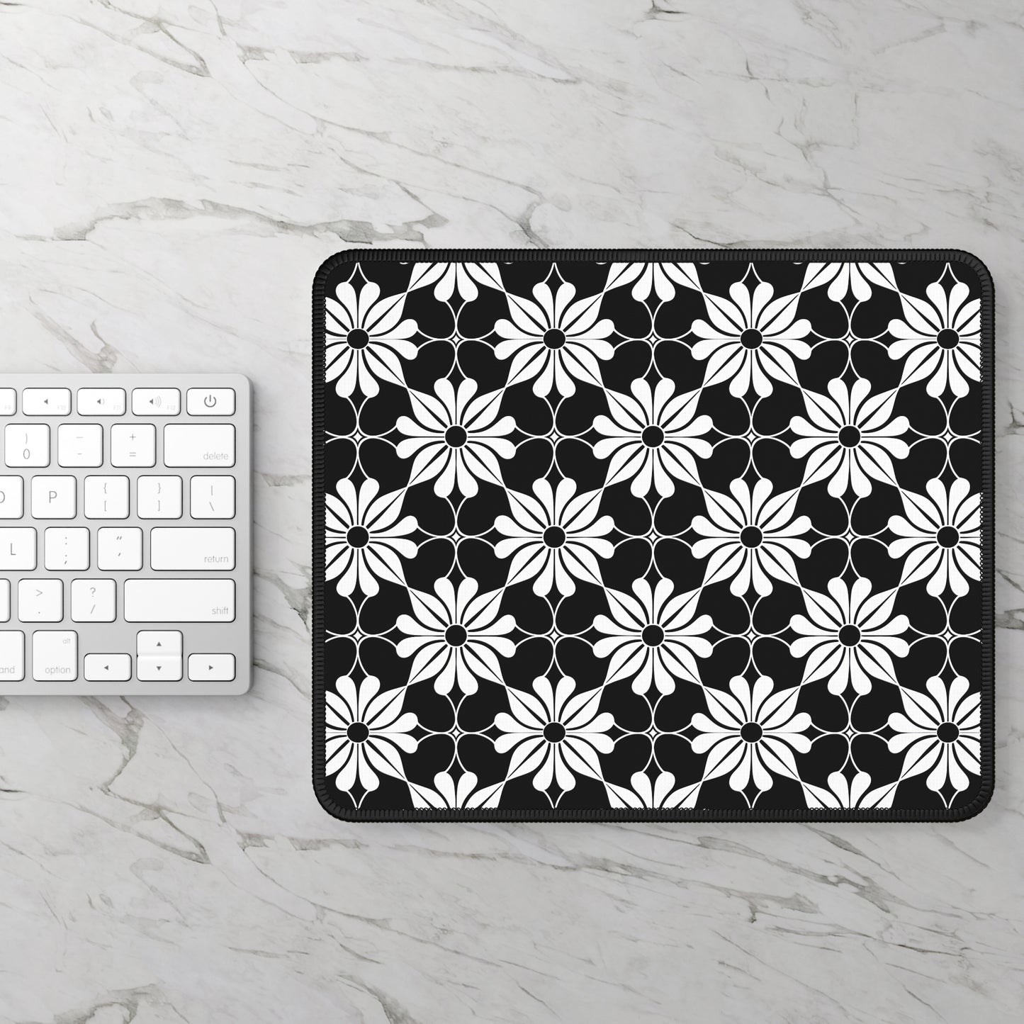 Retro Chic Monochrome Floral Geometric Flowers Gaming Mouse Pad with Finished Edges