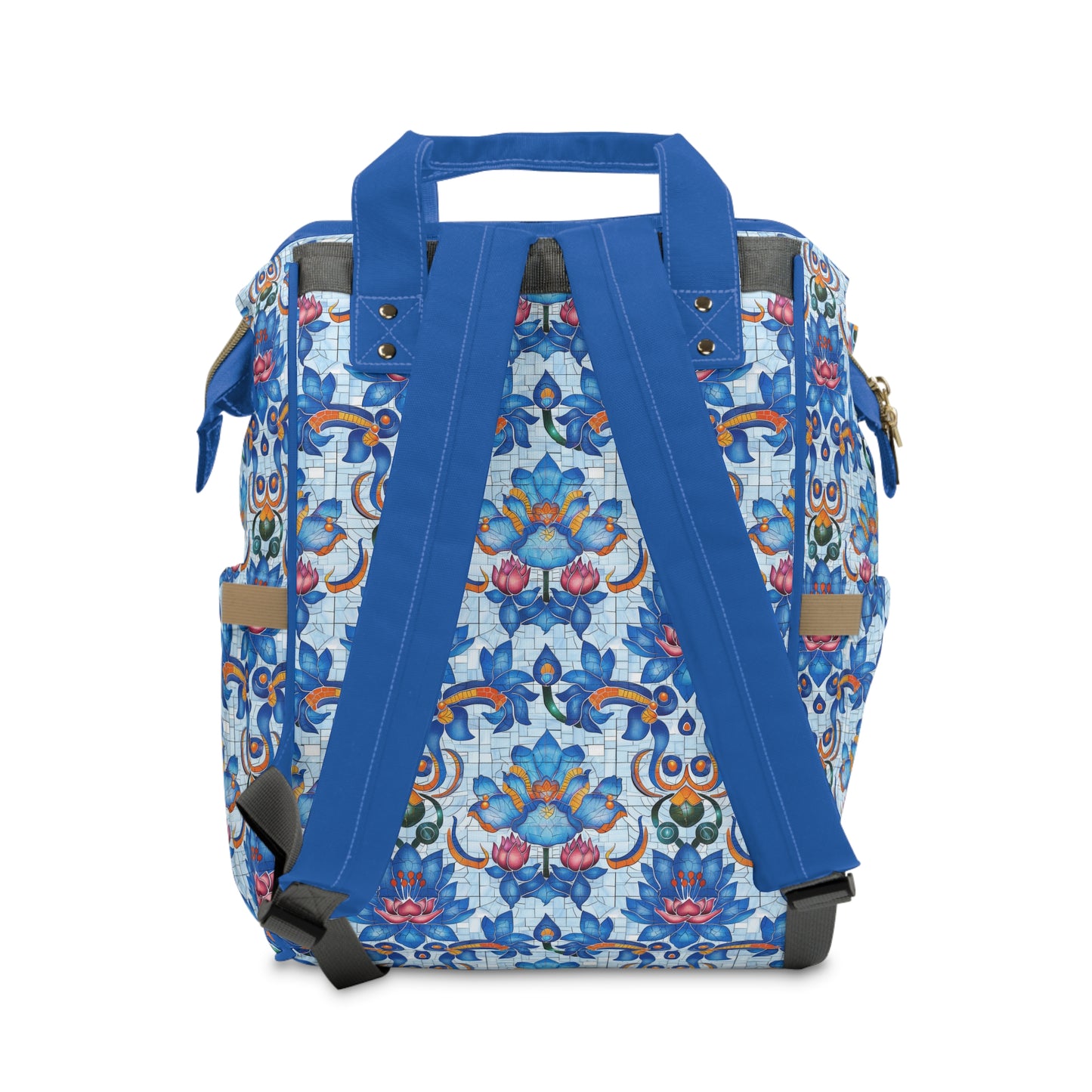 Majestic Mosaic Blossoms Vibrant Blue and Pink Floral Tile Design Multifunctional Diaper Backpack