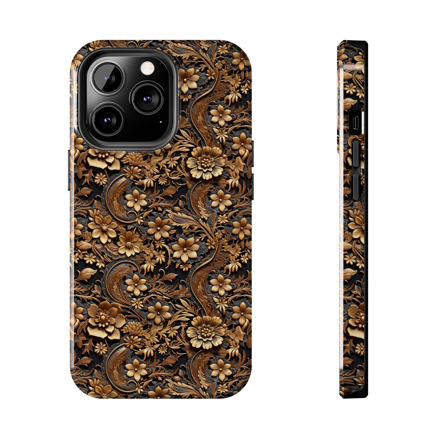 Tooled Leather Large Gold Flowers with Blue Leaf Swirl Accents Print Design Iphone Tough Phone Case