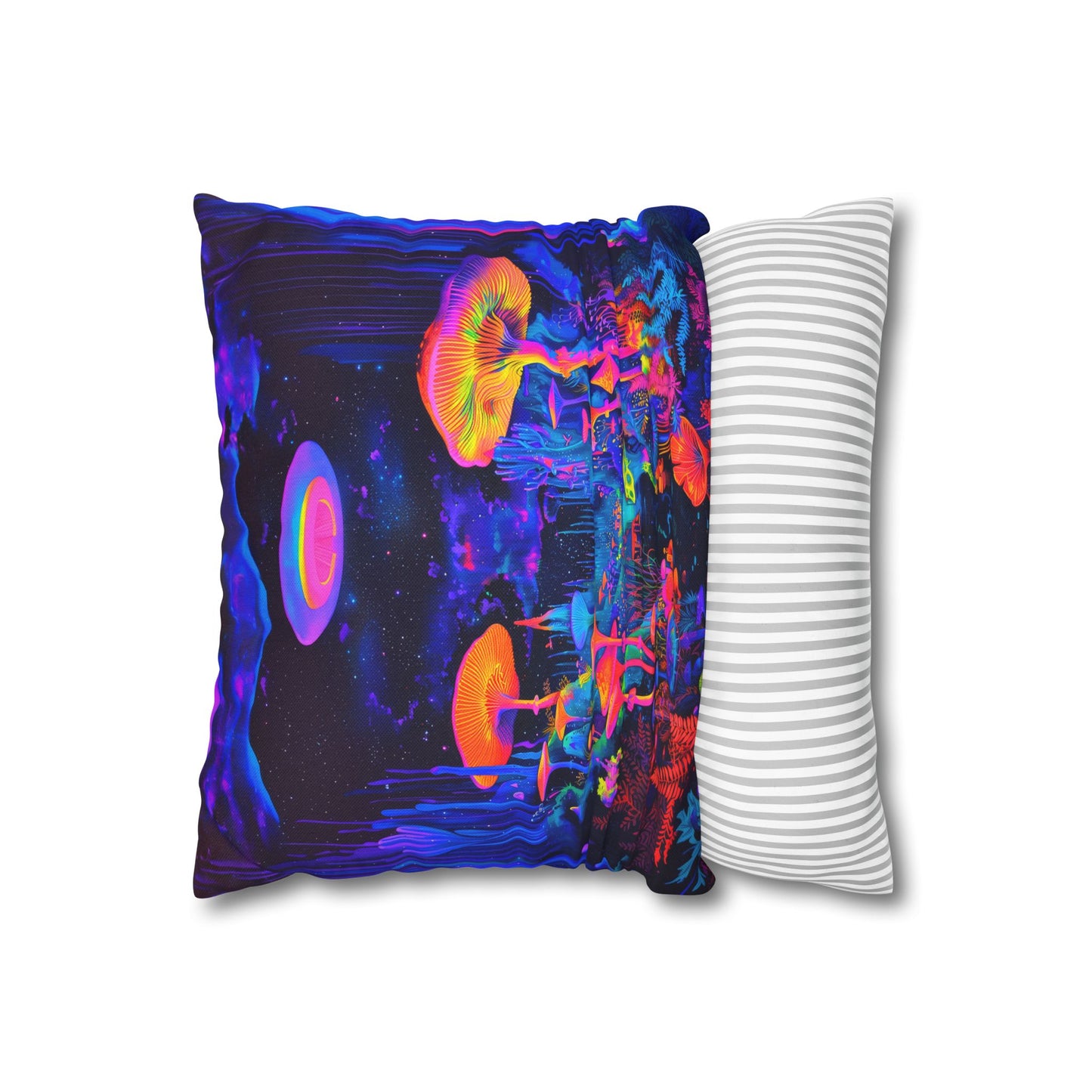 Vibrant Psychedelic Fantasy Neon Mushroom Forest Landscape Spun Polyester Square Pillowcase 4 Sizes