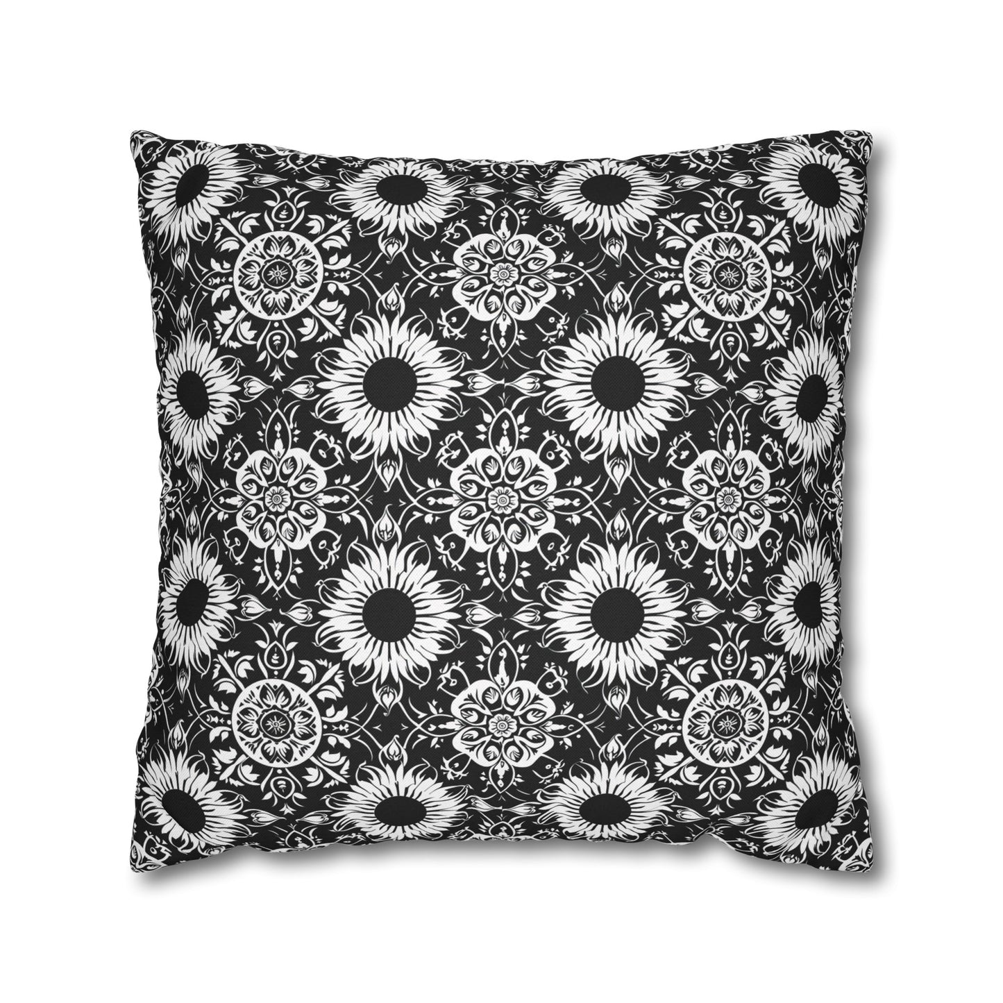 Elegant Mandala Design with Black and White Sunflowers Spun Polyester Square Pillowcase 4 Sizes