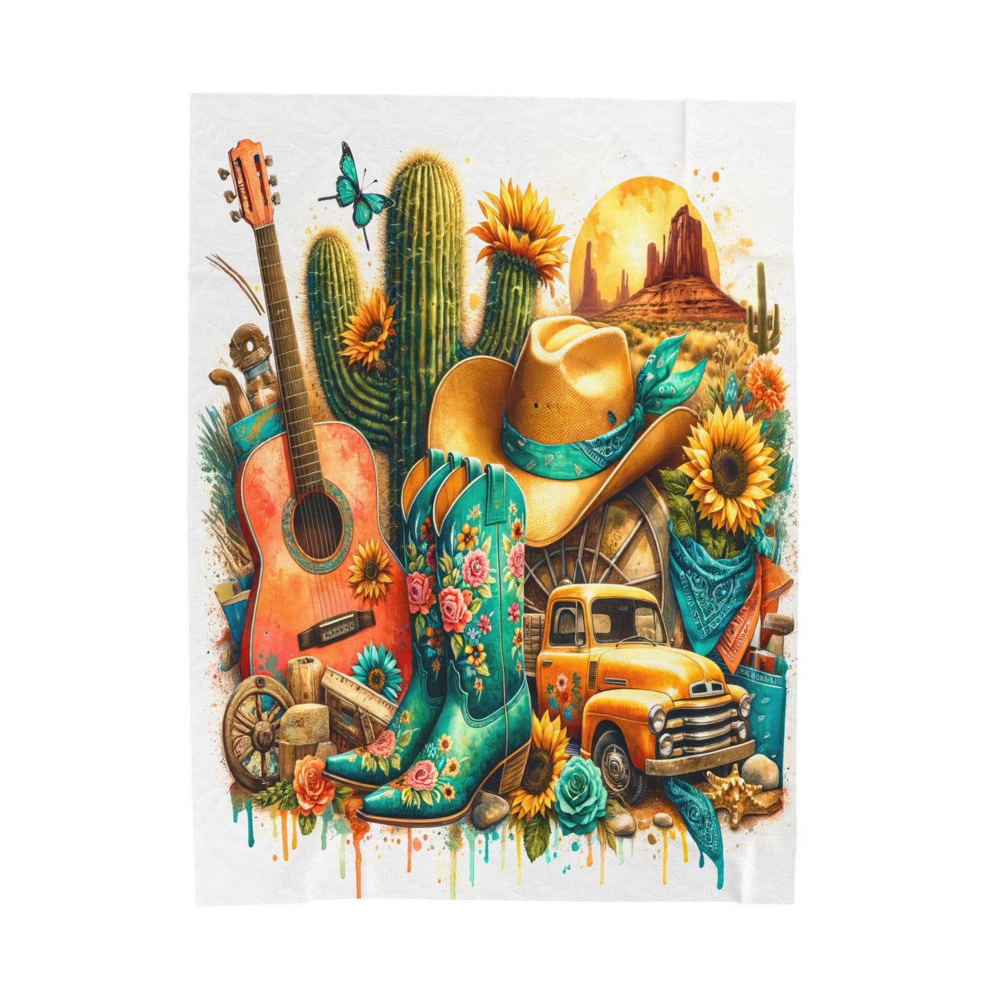 Western Music Rustic Southwestern Country Spring Print Velveteen Plush Blanket 3 Sizes