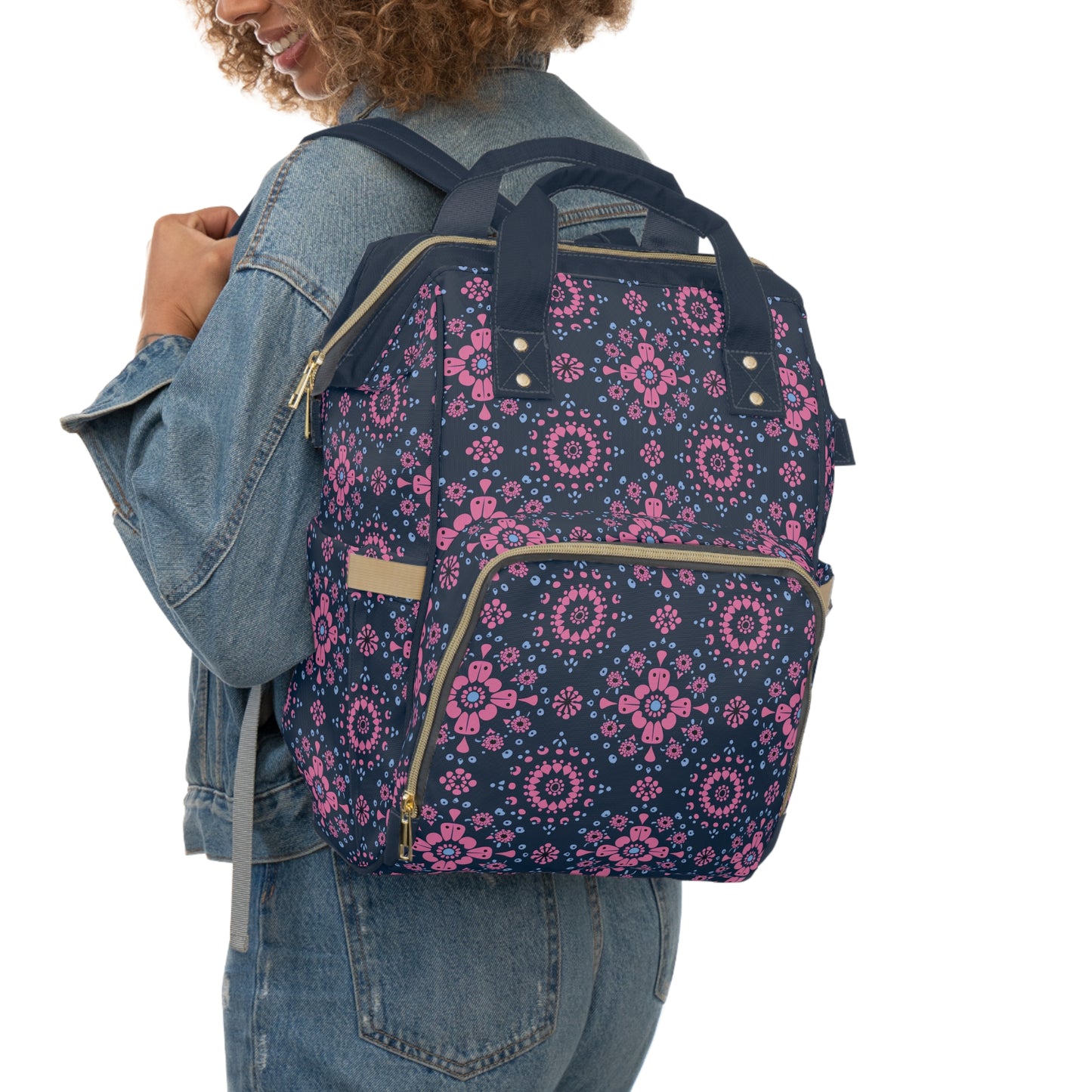 Midnight Garden in Pink and Blue Floral Mandala Pattern on Navy Multifunctional Diaper Backpack