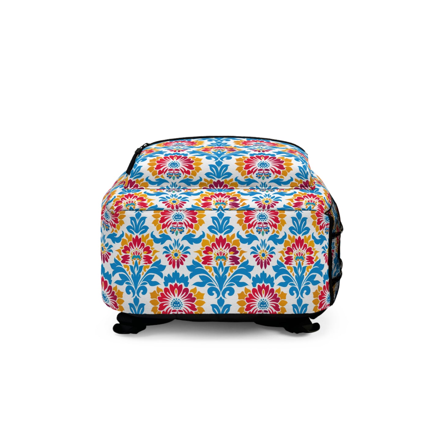 Bright Bouquet of Whimsy in Lively Hues of Red and Blue Flowers with Yellow Accents Lightweight Stylish Durable Backpack (Made in USA)