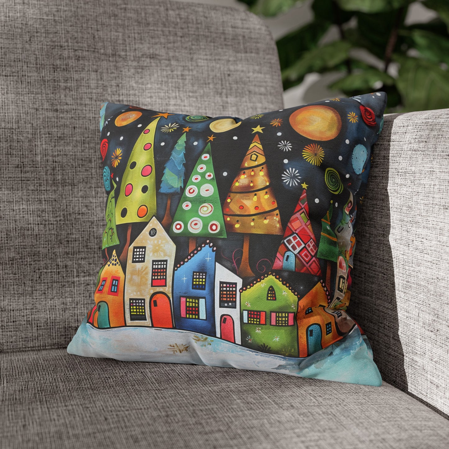 Holiday Haven: Abstract Folk Art Christmas Village Adorned with Christmas Trees Scene Spun Polyester Square Pillowcase 4 Sizes