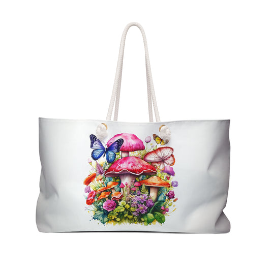 Magical Mushroom Oasis Where Flowers Bloom Amongst Butterflies - Weekender Oversized Canvas Tote Bag 24" × 13"