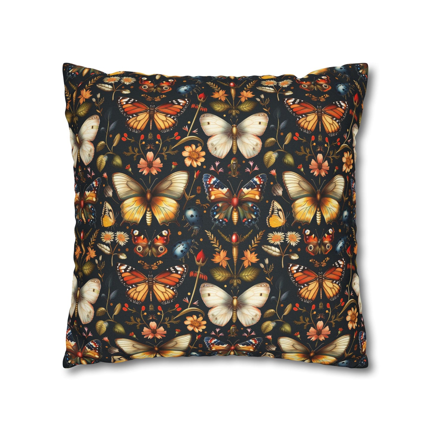 Enchanted Garden of Butterflies and Botanicals in Rich Autumn Hues on a Deep Night Background Polyester Square Pillowcase 4 Sizes