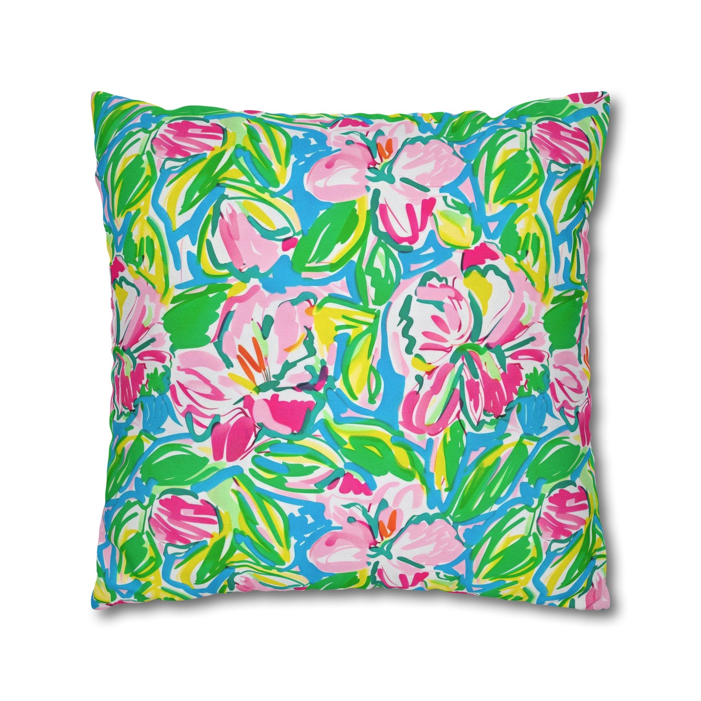 Whispering Meadows: Pink Blossoms, Lush Green Leaves, and Accents of Yellow and Blue Spun Polyester Square Pillowcase 4 Sizes