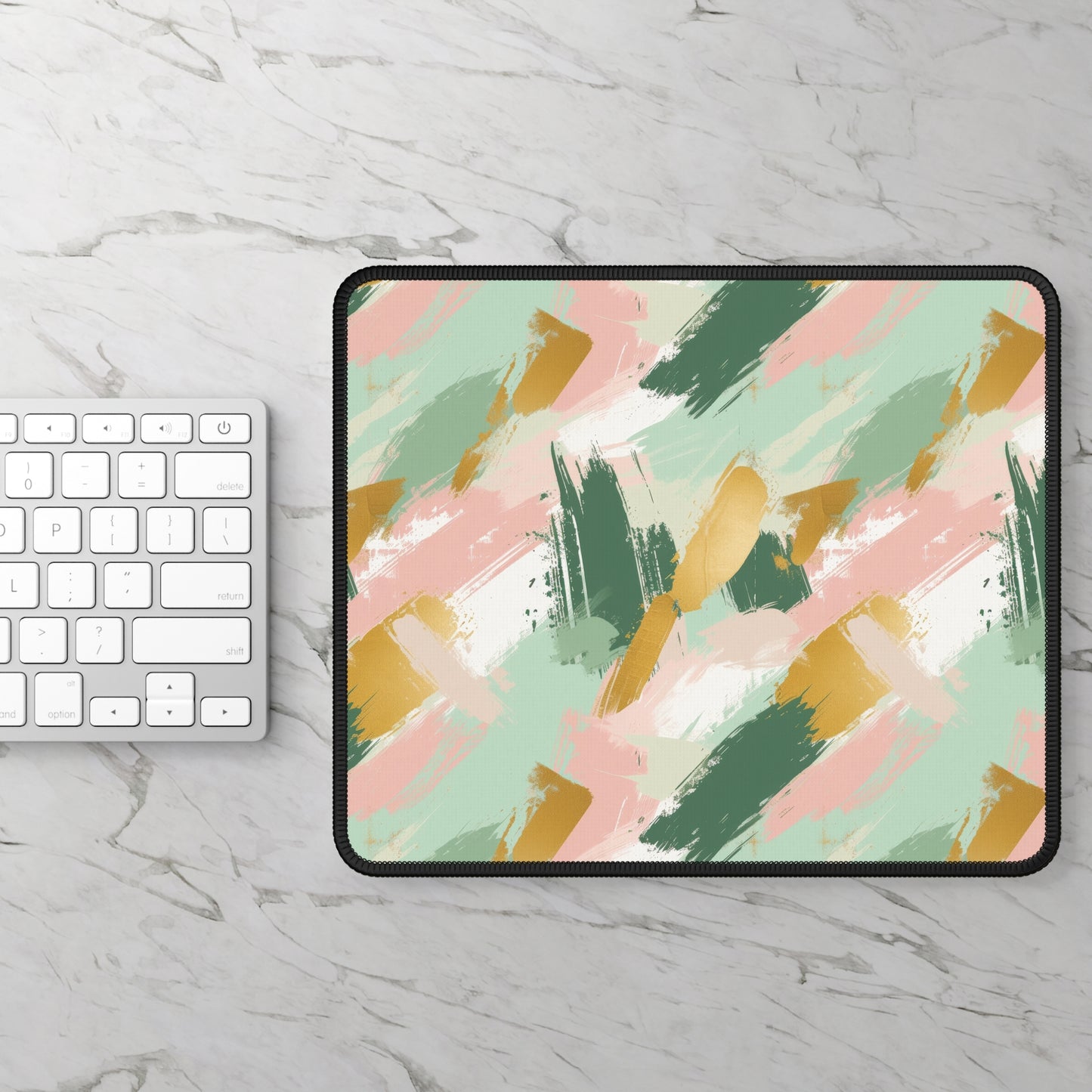 Spring Brushstrokes Abstract in Light Green, Pink, and Gold Mouse Pad with Finished Edges