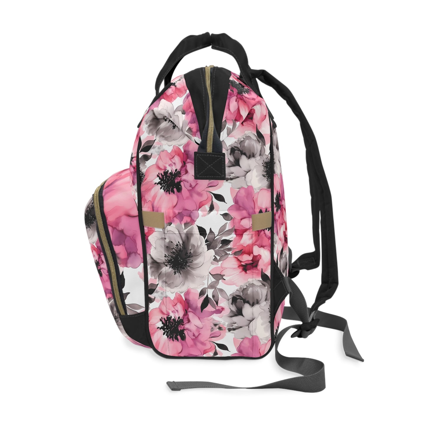 Graceful Elegance: Large Pink and Grey Watercolor Flower Design Multifunctional Diaper Backpack