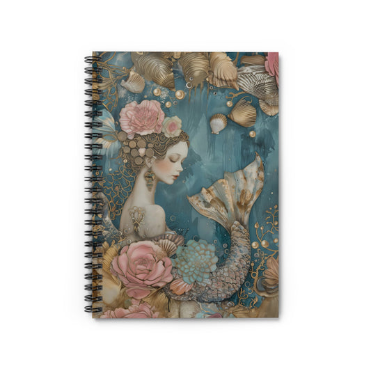 Vintage Mystical Mermaid Siren with Flowers Seashells and Pearls - Spiral Notebook Ruled Line 6"x8"