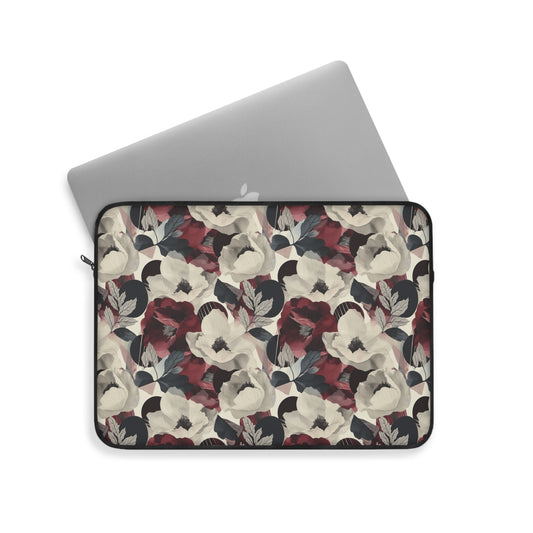 Elegant Vintage Floral Blooms in Wine, Cream and Charcoal Print Laptop or Ipad Protective Sleeve 3 Sizes Available