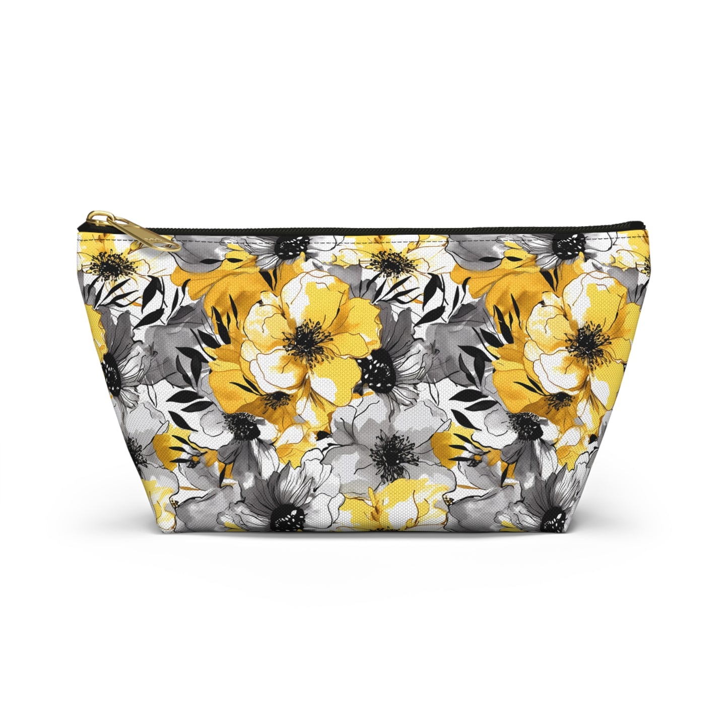 Soothing Radiance: Large Yellow and Grey Watercolor Flower Design - Makeup & Accessory Bag 2 Sizes