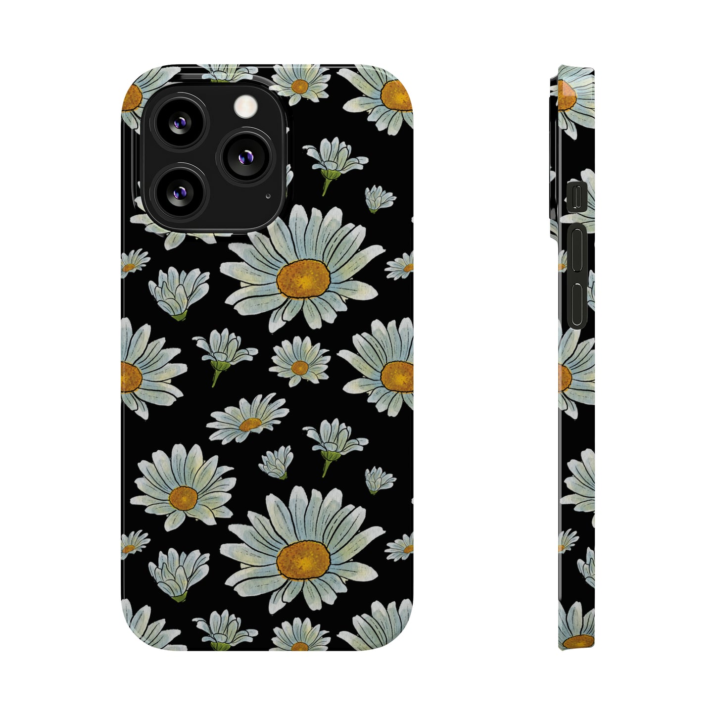 Large Watercolor Summer Daisies Blooming Against a Bold Black Background Iphone 15-12 Slim Phone Case