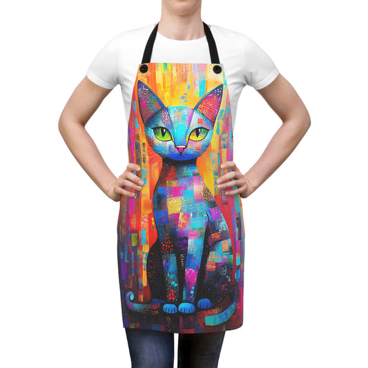 Vibrant Patchwork Abstract Cat Kitchen Chef Apron