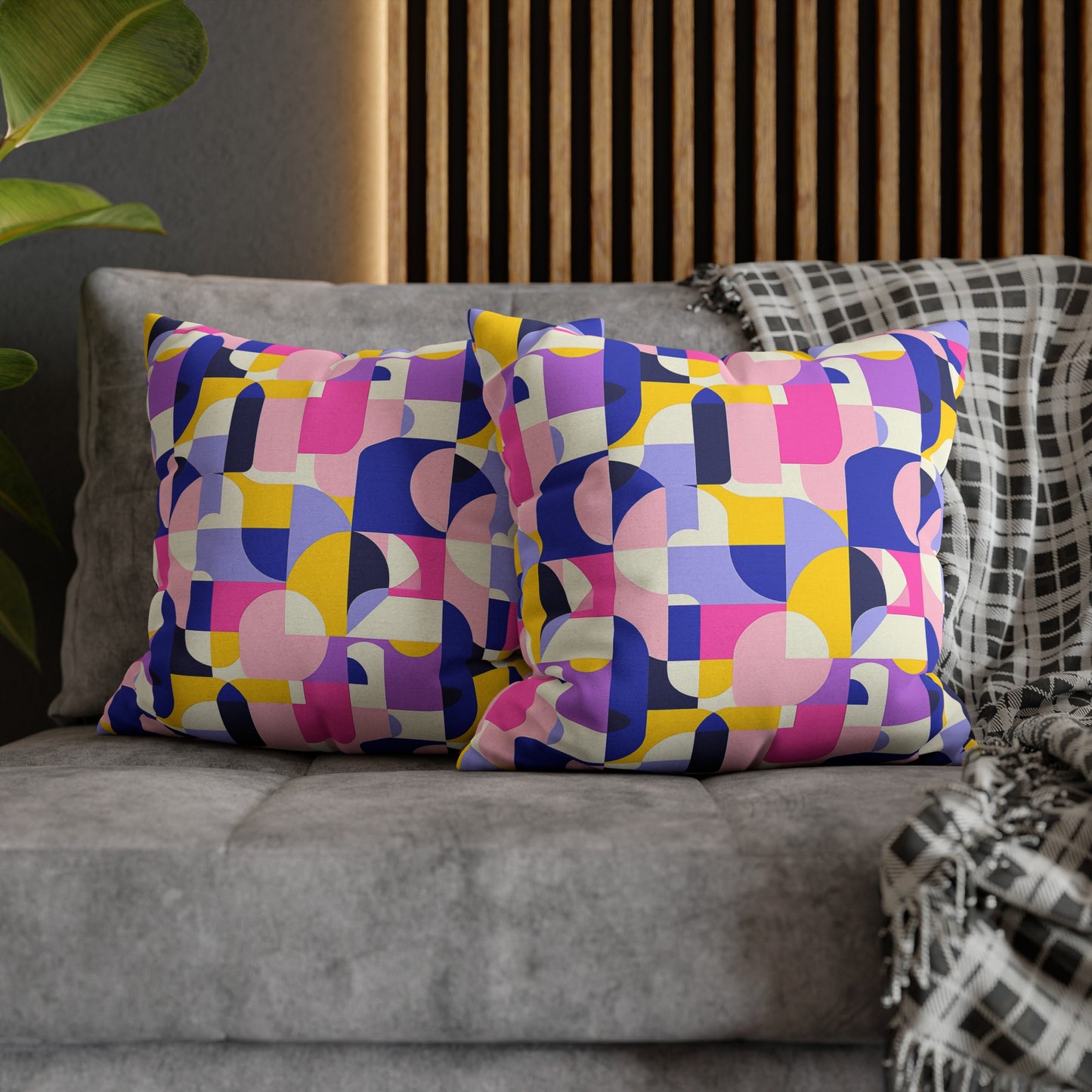 Vibrant Pink, Blue Yellow Color Block Geometric Shapes Spun Polyester Square Pillowcase 4 Sizes