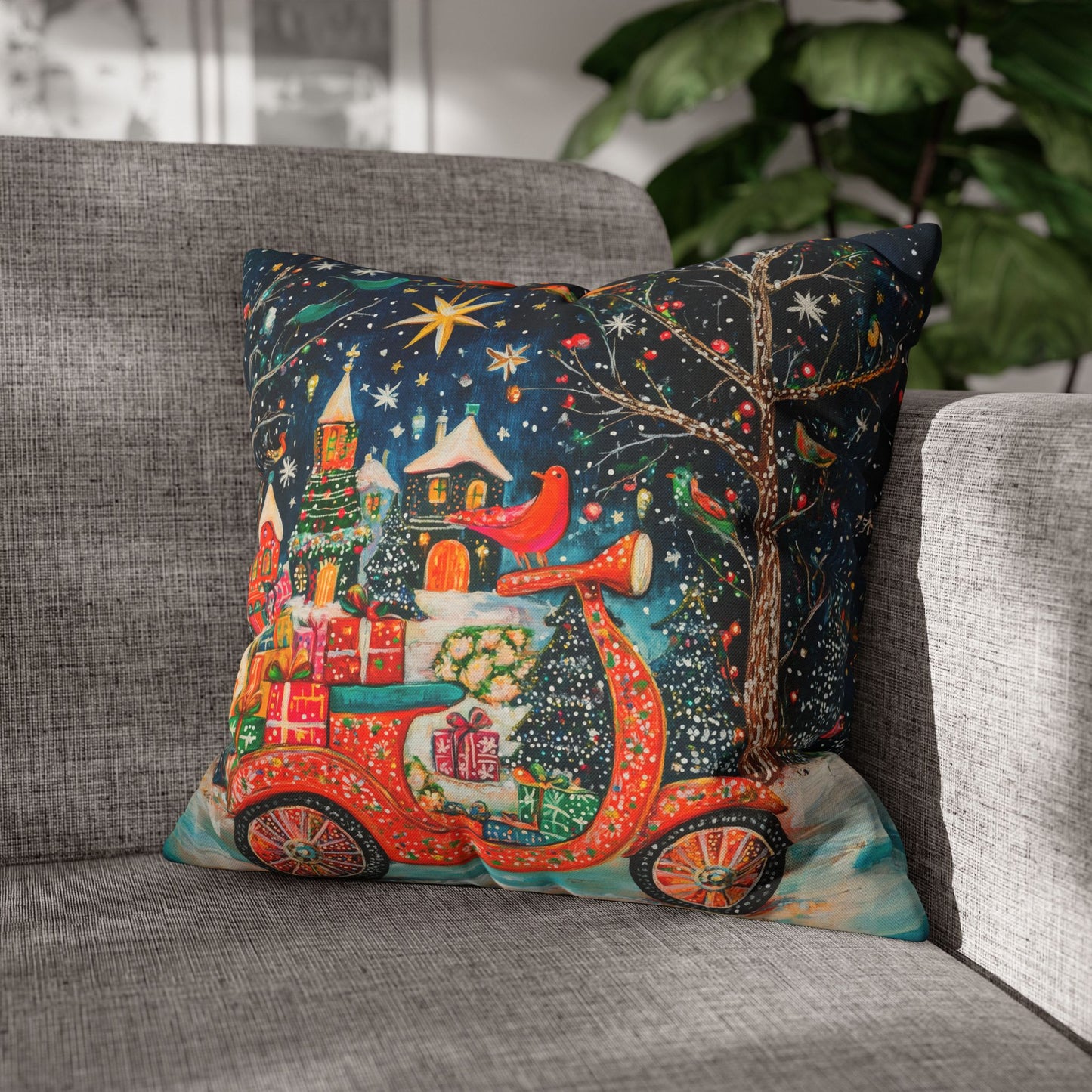 Yuletide Express Festive Scooter Filled with Gifts Spun Polyester Square Pillowcase 4 Sizes