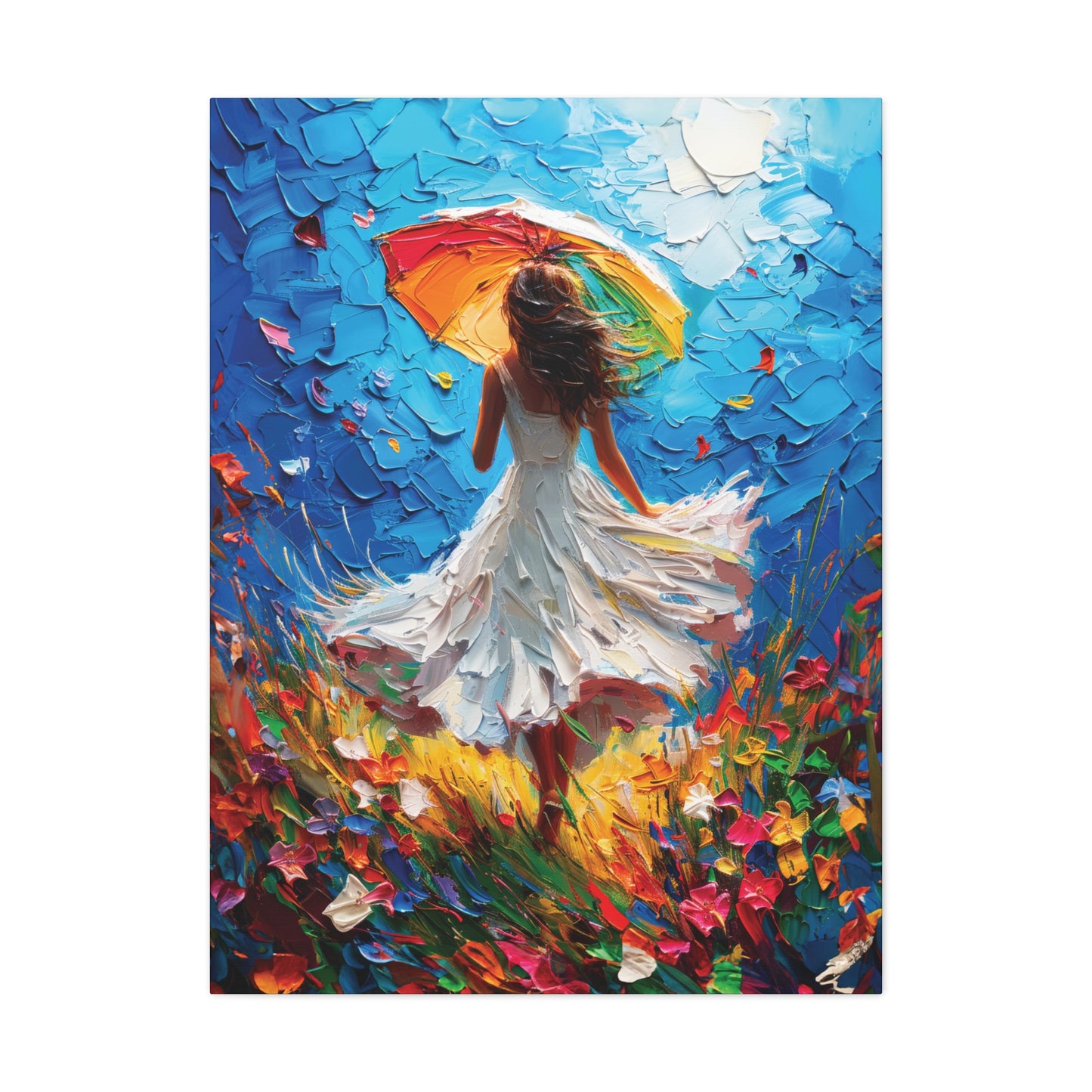 Spring Storm with Women Dancing in Field of Vibrant Spring Flowers Oil Painting Print on Canvas Gallery - 12 Sizes