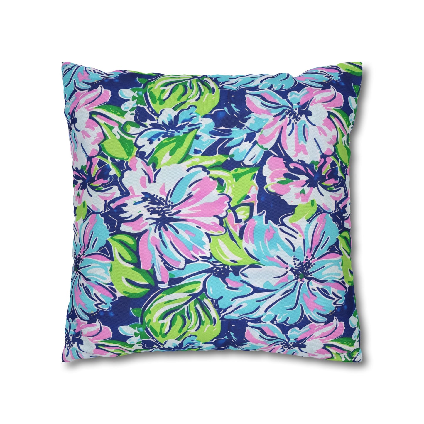 Seaside Coastal Pink, Navy, and Green Tropical Blooms Spun Polyester Square Pillowcase 4 Sizes