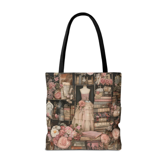 Vintage Victorian Couture Seamstress Shop adorned with Dresses and Floral Splendor Canvas Tote Bag - 3 Sizes