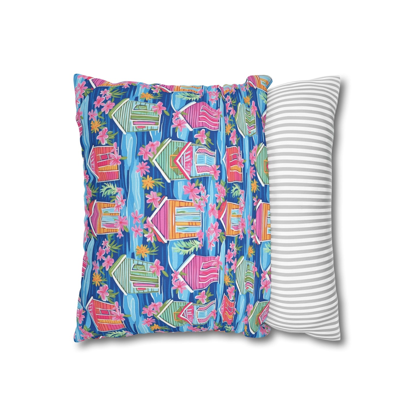 Seaside Serenade: Watercolor Beach Houses Amidst Blooming Florals Spun Polyester Square Pillowcase 4 Sizes