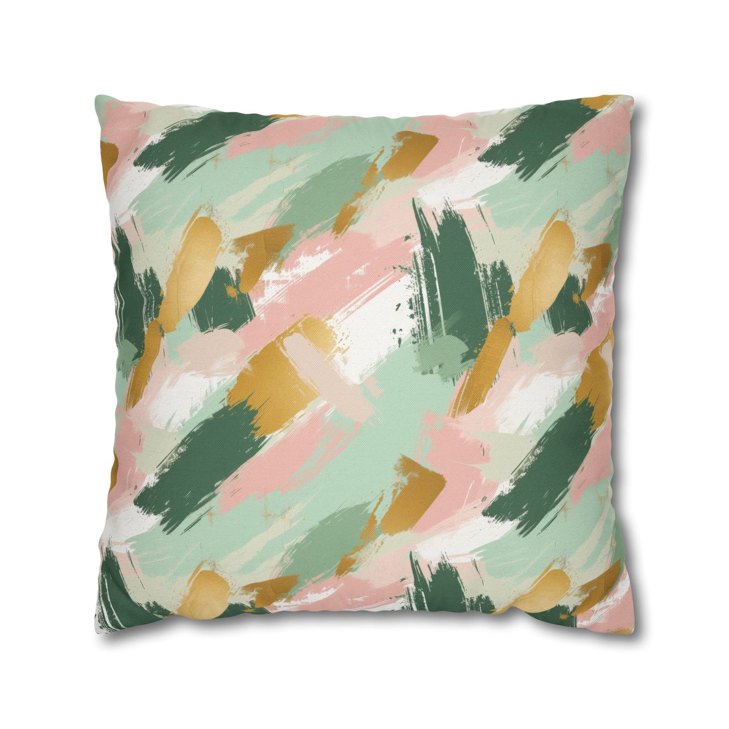 Spring Brushstrokes Abstract in Light Green, Pink, and Gold Spun Polyester Square Pillowcase 4 Sizes