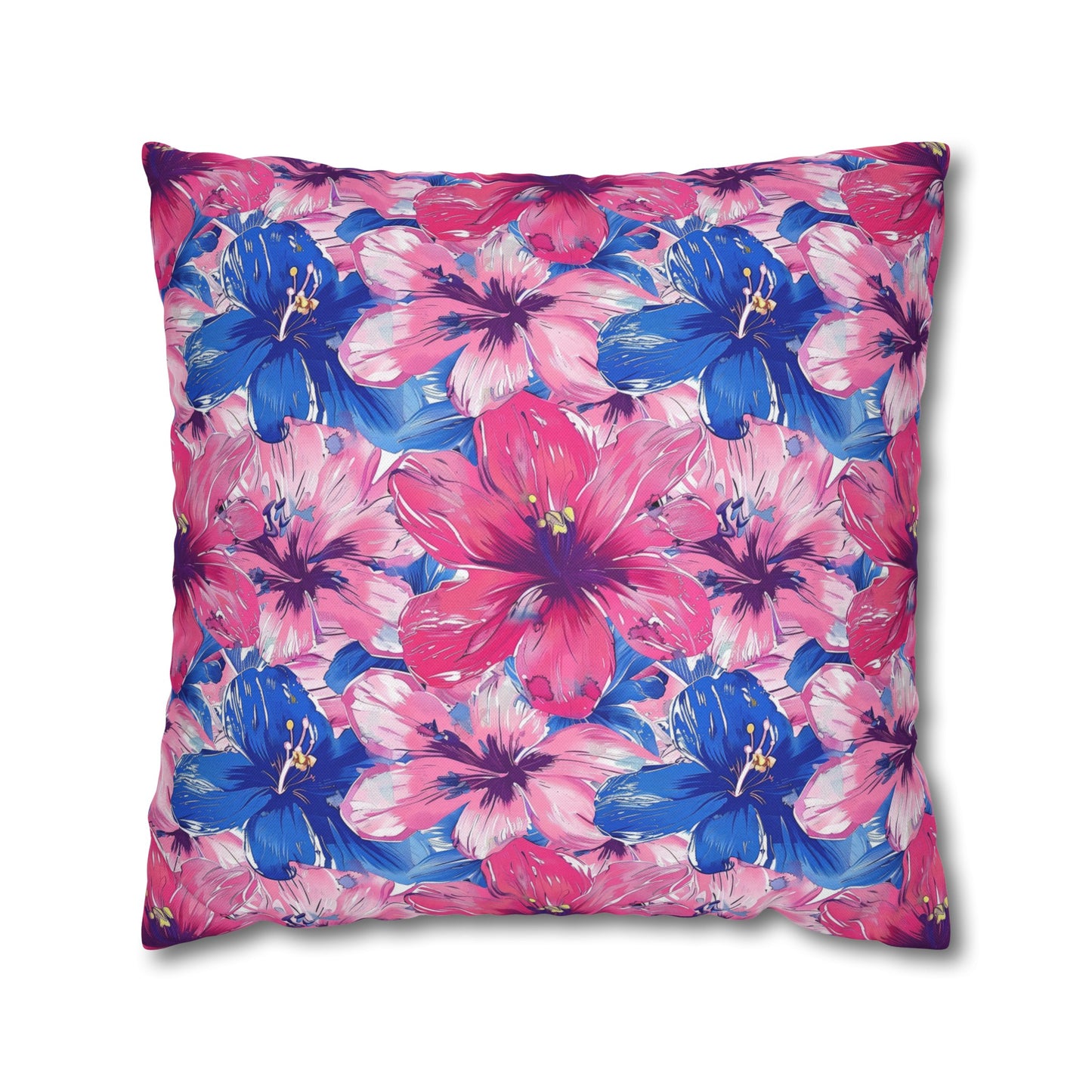 Blooming Bliss: Large Pink and Blue Blossoms in Full Bloom Spun Polyester Square Pillowcase 4 Sizes