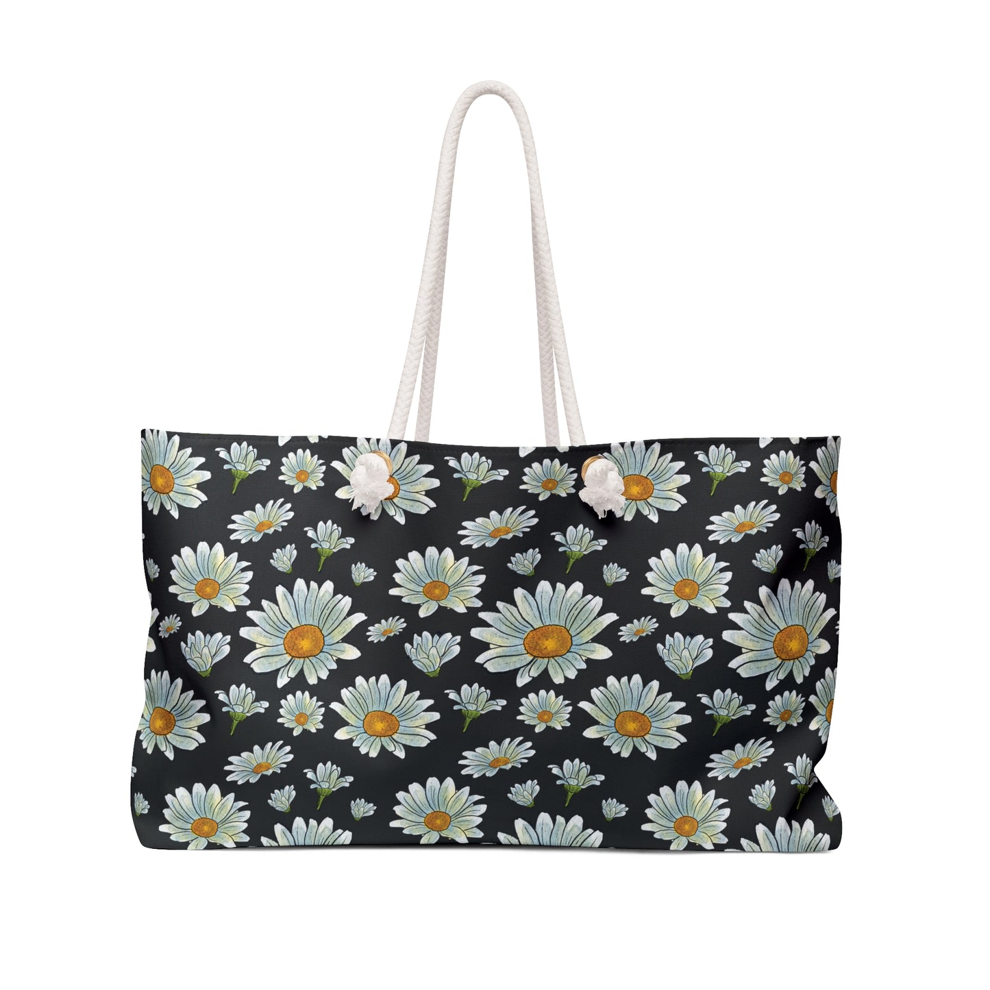 Large Watercolor Summer Daisies Blooming Against a Bold Black Background - Weekender Oversized Canvas Tote Bag 24" × 13"