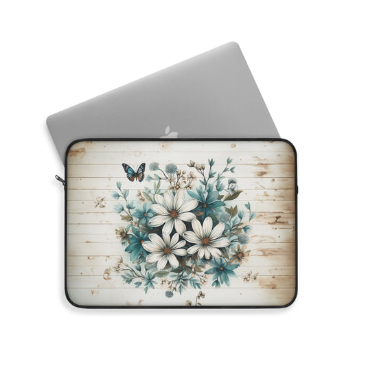 Rustic Charm Bouquet featuring Teal Accents White Wild Daisies with Butterflies  Laptop or Ipad Protective Sleeve 3 Sizes