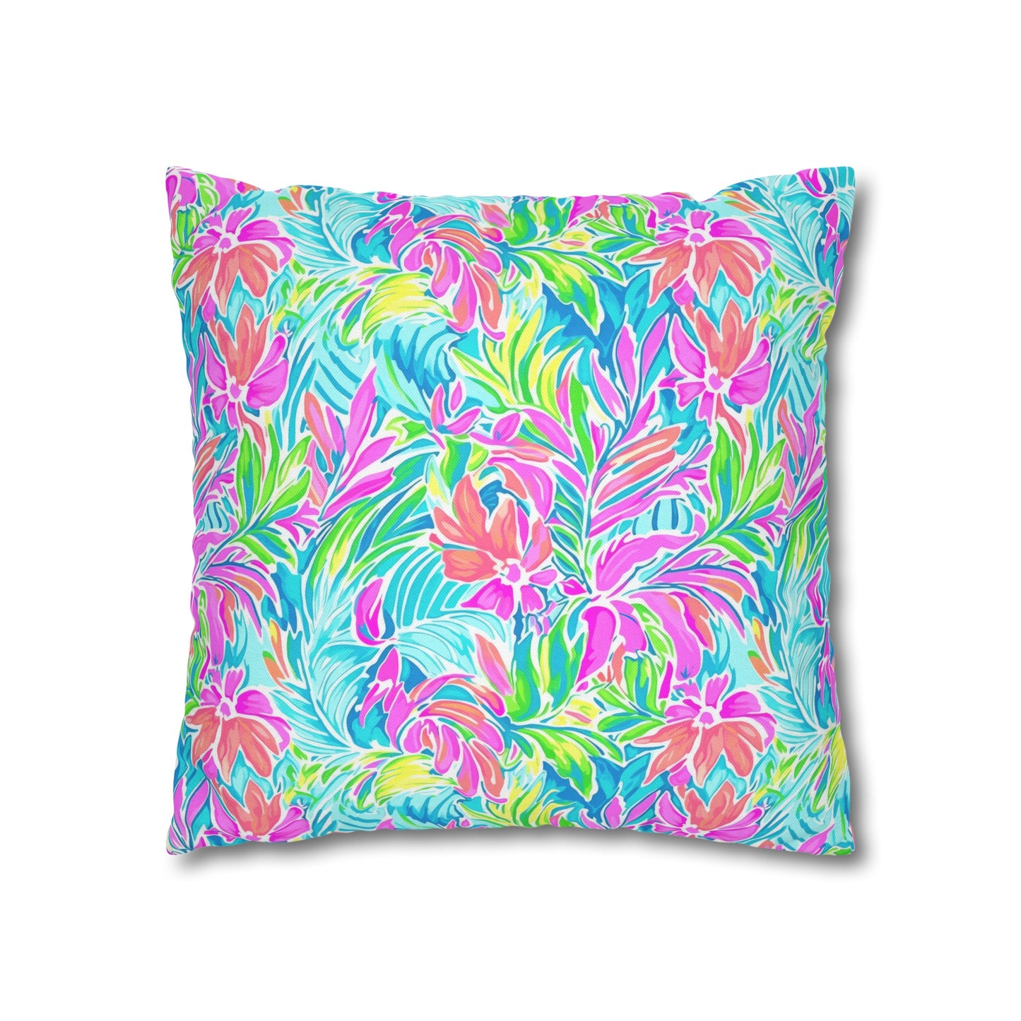 Neon Tropics: Vibrant Rainbow Flowers and Palm Leaves in Electric Splendor Spun Polyester Square Pillowcase 4 Sizes