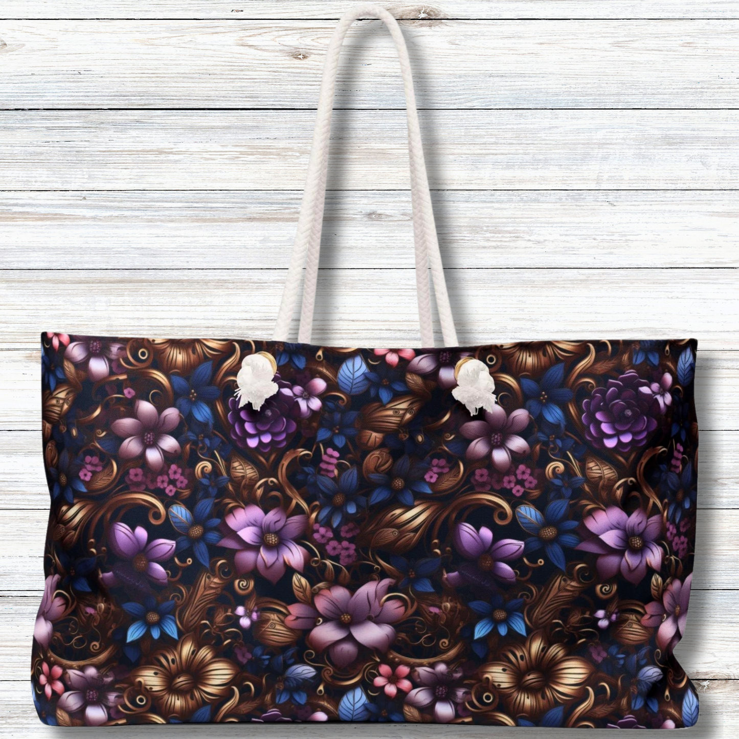 Steampunk Purple and Blue Flowers with Filigree and Gears and Mechanical Elements - Weekender Oversized Canvas Tote Bag 24" × 13"