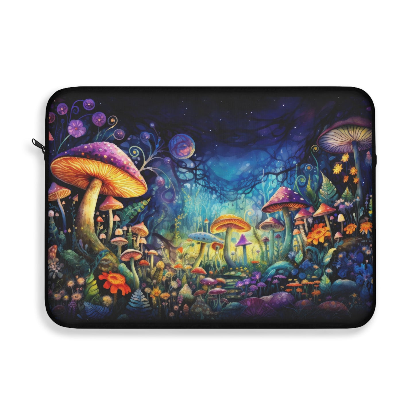 Fantasy Neon Nighttime Mushroom and Flower Garden - Laptop or Ipad Protective Sleeve 3 Sizes