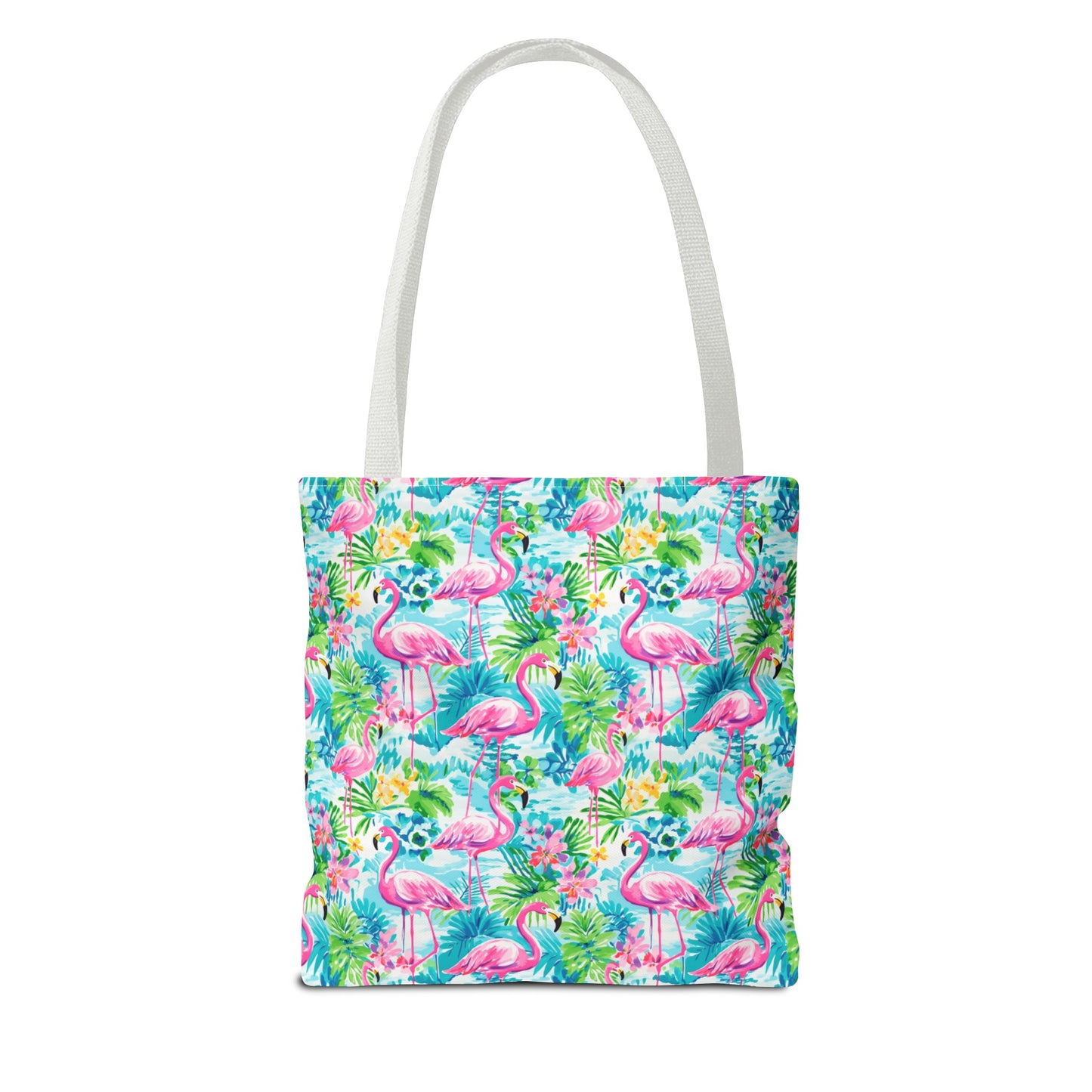 Tropical Flamingo Haven: Surrounded by Flowers and Palm Trees Canvas Tote Bag 3 Sizes