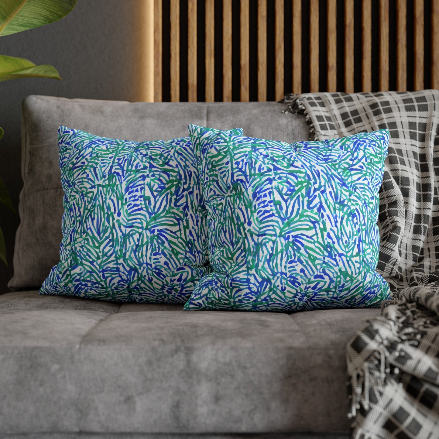 Tropical Fusion: Abstract Palm Leaves in Lime Green and Blue Hues  Spun Polyester Square Pillowcase 4 Sizes