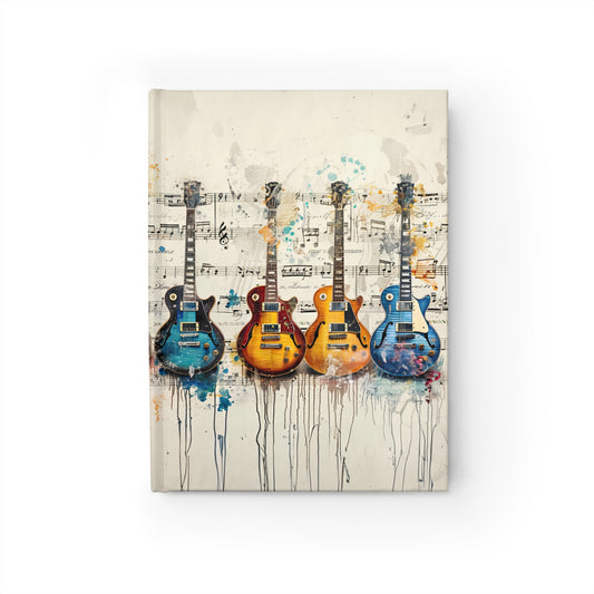 Harmonious Diversity: Array of Electric Guitars in Multicolors Resting on Sheet Music  Hard Cover Journal - Ruled Line