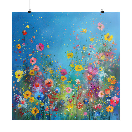 Bright Sky Spring Field of Vibrant Flowers Print on Matte Poster  - 14 Sizes