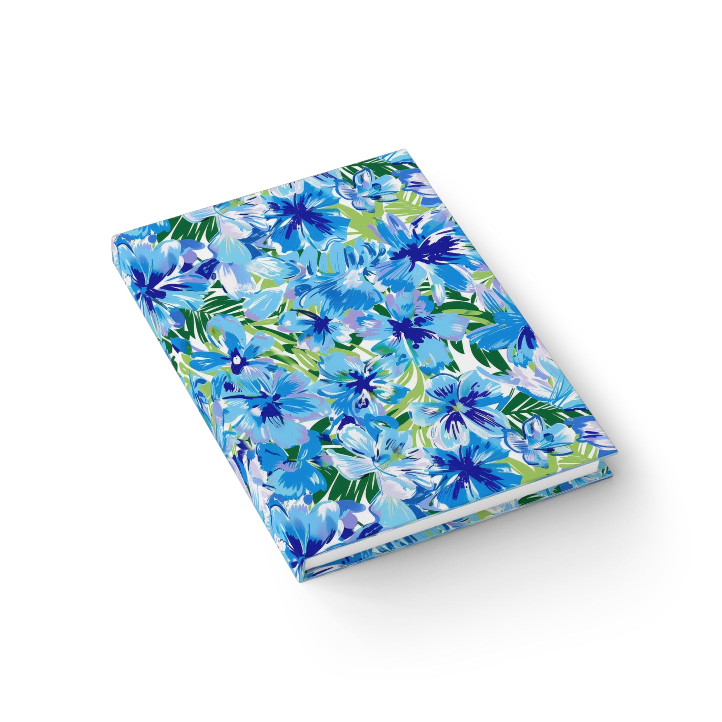 Azure Bloom Oasis: Bright Blue Large Flowers with Lush Green Palm Leaves in Flight Hardcover Ruled Line Journal