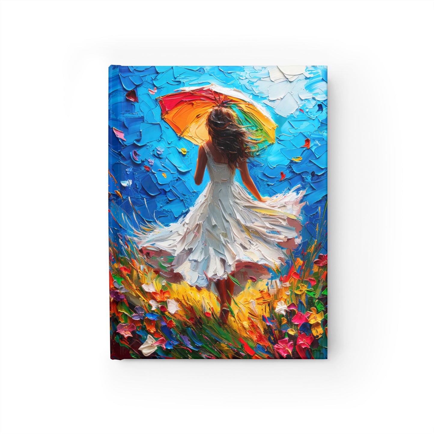 Spring Sunshine Women Swirling in White Dress in Field of Flowers Hard Cover Journal - Ruled Line