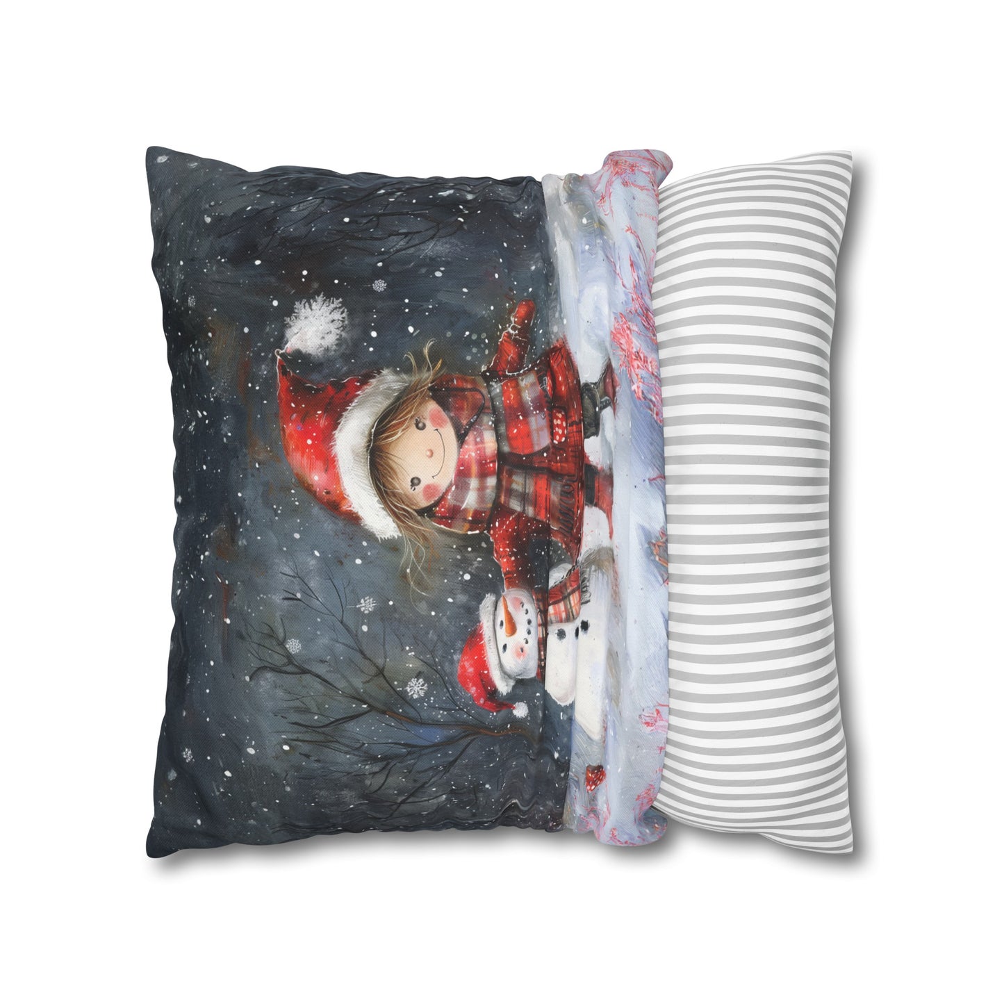 Little Girl and Snowman Sharing Winter's Wonder Spun Polyester Square Pillowcase 4 Sizes